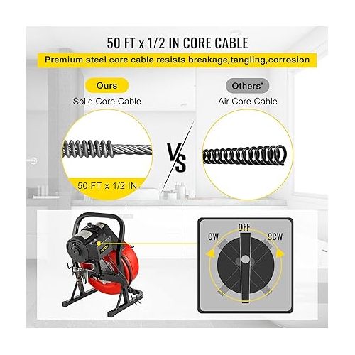  VEVOR 50FTx1/2Inch Drain Cleaner Machine, Sewer Snake Electric Drain Auger Cleaner with 4 Cutter & Foot Switch for 2