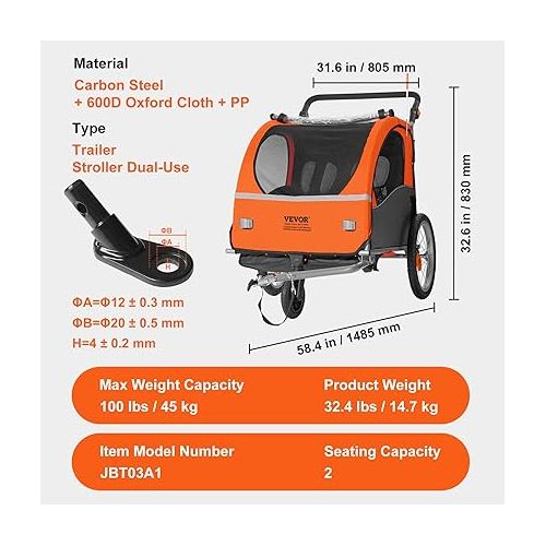  VEVOR Bike Trailer for Toddlers, Kids, 2 Seat, Supports up to 100/110 lbs, 2-in-1 Canopy Carrier Converts to Stroller, Tow Behind Foldable Child Bicycle Trailer with Universal Bicycle Coupler