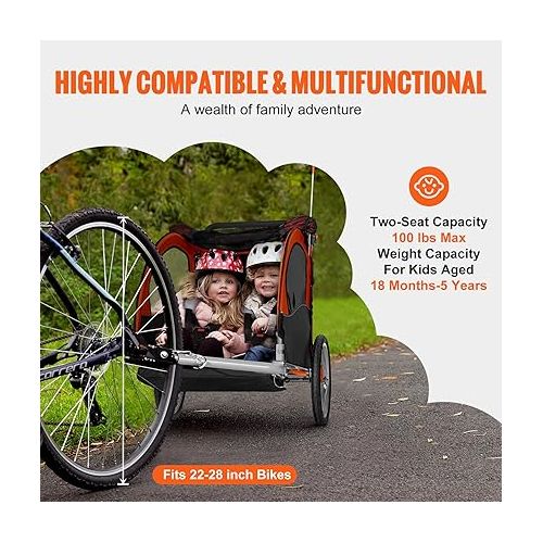  VEVOR Bike Trailer for Toddlers, Kids, 2 Seat, Supports up to 100/110 lbs, 2-in-1 Canopy Carrier Converts to Stroller, Tow Behind Foldable Child Bicycle Trailer with Universal Bicycle Coupler