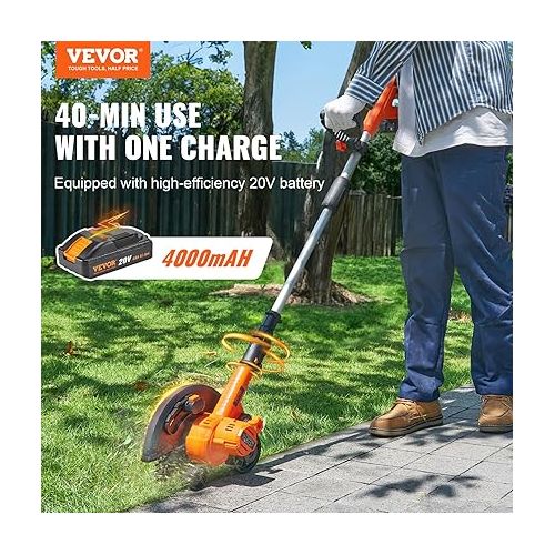  VEVOR Lawn Edger, 20 V Battery Powered Cordless Edger, 9-inch Blade Edger Lawn Tool with 3-Position Blade Depth, Battery and Charger Included, for Lawns, Driveways, Borders, and Sidewalk Edges