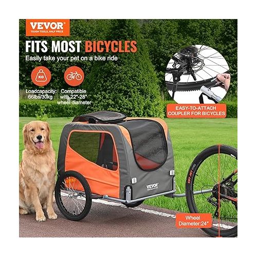  VEVOR Dog Bike Trailer, Supports up to 66/88/100 lbs, Pet Cart Bicycle Carrier, Easy Folding Frame with Quick Release Wheels, Universal Bicycle Coupler, Reflectors, Flag, Collapsible to Store