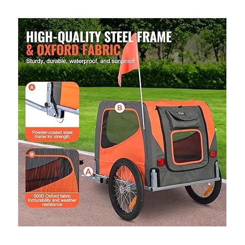  VEVOR Dog Bike Trailer, Supports up to 66/88/100 lbs, Pet Cart Bicycle Carrier, Easy Folding Frame with Quick Release Wheels, Universal Bicycle Coupler, Reflectors, Flag, Collapsible to Store