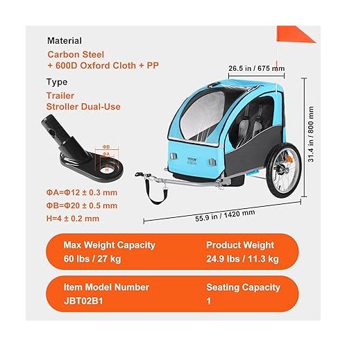  VEVOR Bike Trailer for Toddlers, Kids, 60 lbs Load, Tow Behind Foldable Child Bicycle Trailer with Universal Bicycle Coupler, Canopy Carrier with Strong Carbon Steel Frame for Children, Blue and Gray