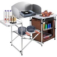 VEVOR Camping Kitchen, Folding Outdoor Table with Storage Carrying Bag, Aluminum Cook Station 1 Cupboard & Detachable Windscreen Quick Set-up for Picnics, BBQ, RV Traveling, Brown