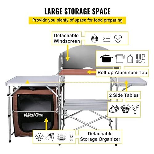  VEVOR Camping Kitchen, Folding Outdoor Table with Storage Carrying Bag, Aluminum Cook Station 1 Cupboard & Detachable Windscreen Quick Set-up for Picnics, BBQ, RV Traveling, Brown