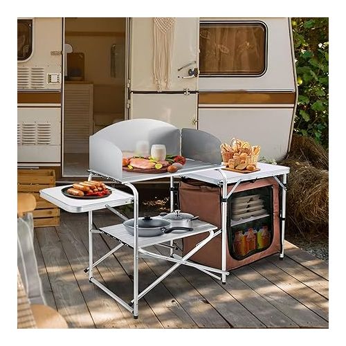  VEVOR Camping Kitchen, Folding Outdoor Table with Storage Carrying Bag, Aluminum Cook Station 1 Cupboard & Detachable Windscreen Quick Set-up for Picnics, BBQ, RV Traveling, Brown