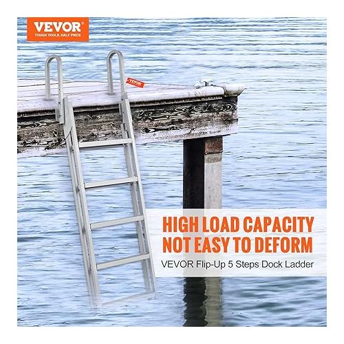  VEVOR Dock Ladder Flip Up 5 Steps, 350lbs Load Capacity, Aluminum Pontoon Boat Ladder with 4