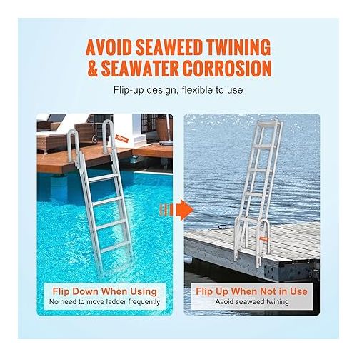  VEVOR Dock Ladder Flip Up 5 Steps, 350lbs Load Capacity, Aluminum Pontoon Boat Ladder with 4