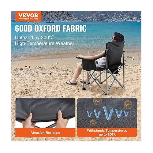  VEVOR Oversized Camping Folding Chair, 450 LBS Heavy Duty Outdoor Quad Lumbar Back Padded with Side Pockets, Cup Holder and Cooler Bag for Beach, Picnic, Fishing, 39 x 39 x 25 inch, Black