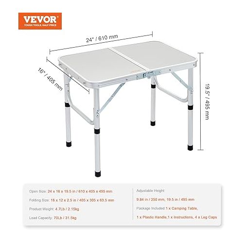  VEVOR Small Folding Camping Table, Adjustable Height Aluminum MDF Outdoor Portable Lightweight for Cooking, Beach, Picnic, Travel, 24 x16 inch, Silver