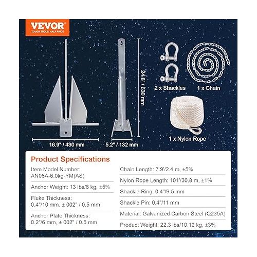  VEVOR Boat Anchor Kit 13 lb / 8.5 lbs Fluke Style Anchor, Hot Dipped Galvanized Steel Fluke Anchor, Marine Anchor with Anchor, Rope, Shackles, Chain for Boat Mooring on The Beach