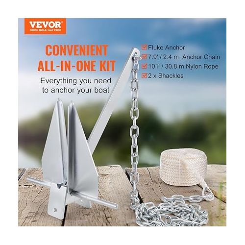  VEVOR Boat Anchor Kit 13 lb / 8.5 lbs Fluke Style Anchor, Hot Dipped Galvanized Steel Fluke Anchor, Marine Anchor with Anchor, Rope, Shackles, Chain for Boat Mooring on The Beach