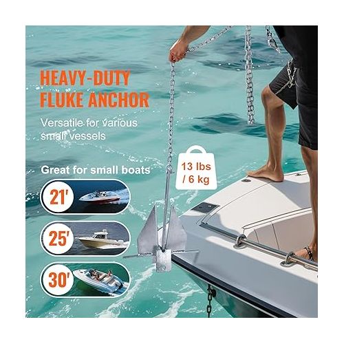  VEVOR Boat Anchor Kit 13 lb / 8.5 lbs Fluke Style Anchor, Hot Dipped Galvanized Steel Fluke Anchor, Marine Anchor with Anchor, Rope, Shackles, Chain for Boat Mooring on The Beach