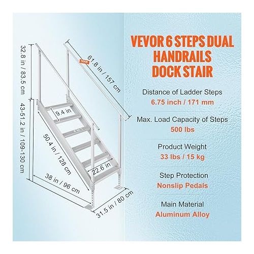  VEVOR Dock Ladder 6 Steps, 500lbs Load Pool Steps, Adjustable Height Aluminum Dock Stairs, Pontoon Boat Ladder with Handrails & Widen Nonslip Rubber Pedals for Lake/Pool/Marine Boarding/RV/House