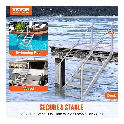  VEVOR Dock Ladder 6 Steps, 500lbs Load Pool Steps, Adjustable Height Aluminum Dock Stairs, Pontoon Boat Ladder with Handrails & Widen Nonslip Rubber Pedals for Lake/Pool/Marine Boarding/RV/House