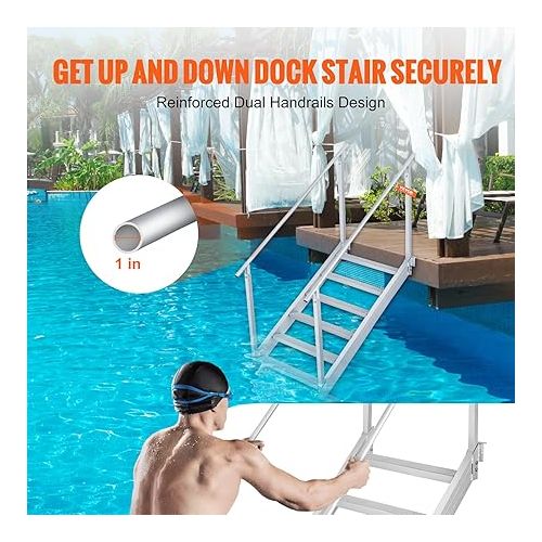  VEVOR Dock Ladder 6 Steps, 500lbs Load Pool Steps, Adjustable Height Aluminum Dock Stairs, Pontoon Boat Ladder with Handrails & Widen Nonslip Rubber Pedals for Lake/Pool/Marine Boarding/RV/House