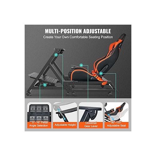  VEVOR Pre-installed Steering Racing Wheel Stand, Universal Base Fit for Logitech/Thrustmaster/Fanatec, Multi-Position Adjustable Driving Simulator, Comfortable PVC Leather Integrated Cockpit w/Wheels
