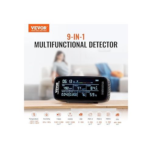  VEVOR Air Quality Monitor 9-in-1, CO2, Temperature, Humidity, Formaldehyde TVOC AQI Tester, Professional PM2.5 PM10 PM1.0 Particle Counter for Indoor/Outdoor, Air Quality Meter w/Alarm Thresholds