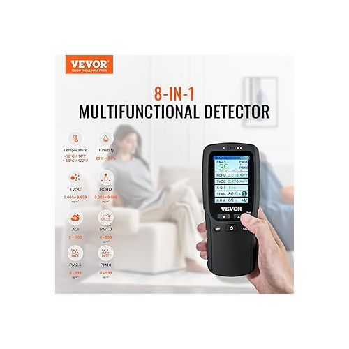  VEVOR Air Quality Monitor 8-in-1, Professional PM2.5 PM10 PM1.0 Particle Counter, Formaldehyde, Temperature, Humidity, TVOC AQI Tester for Indoor/Outdoor, Air Quality Meter w/Alarm Thresholds