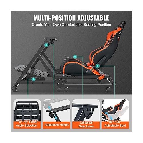  VEVOR Pre-installed Steering Racing Wheel Stand, Universal Base Fit for Mainstream Brands, Multi-Position Adjustable Driving Simulator, Comfortable PVC Leather Integrated Cockpit w/ Wheels