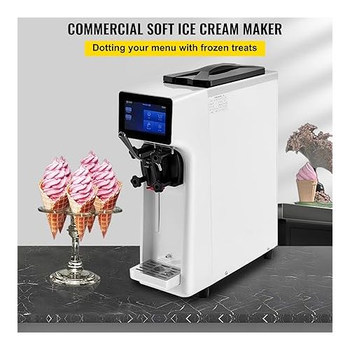  VEVOR Commercial Ice Cream Maker, 10-20L/H Yield, 1000W Countertop Soft Serve Machine with 4.5L Hopper 1.6L Cylinder, Frozen Yogurt Maker with Touch Screen Puffing Pre-Cooling Shortage Alarm, White