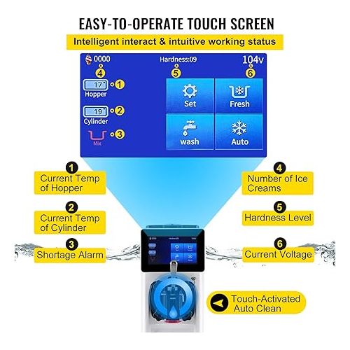  VEVOR Commercial Ice Cream Maker, 10-20L/H Yield, 1000W Countertop Soft Serve Machine with 4.5L Hopper 1.6L Cylinder, Frozen Yogurt Maker with Touch Screen Puffing Pre-Cooling Shortage Alarm, White