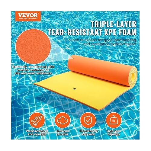  VEVOR Lily Pad Floating Mat, 9/12/18FT Floating Water Pad, 3-Layer Floating Dock for 660 to 1400lbs Adults Kids, Tear-Resistant XPE Foam Raft, Floating Island for Lake, Pool, Ocean, Beach, and Boating