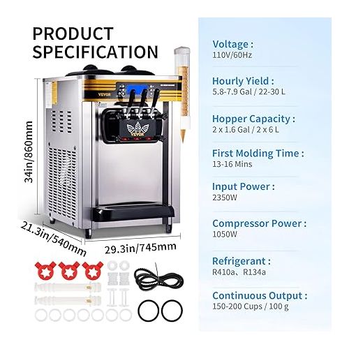  VEVOR Soft Serve Ice Cream Maker, 2350W Commercial Ice Cream Machine 5.8-7.9 gal per hour, Puffing & Shortage Alarm, Countertop Soft Serve Maker for Restaurant Home Party, Silver