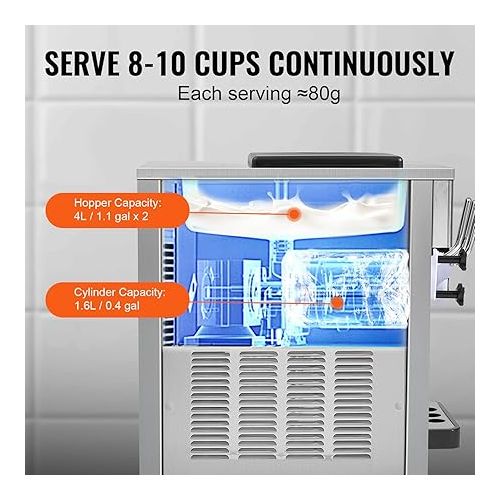  VEVOR Commercial Ice Cream Machine, 21 QT/H Yield, 1800W 3-Flavor Countertop Soft Serve Ice Cream Maker, 2 x 4L Hopper 2 x 1.8L Cylinder, LCD Panel Auto Clean Pre-cooling, for Restaurant Snack Bar