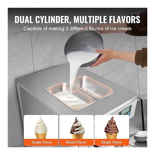  VEVOR Commercial Ice Cream Machine, 21 QT/H Yield, 1800W 3-Flavor Countertop Soft Serve Ice Cream Maker, 2 x 4L Hopper 2 x 1.8L Cylinder, LCD Panel Auto Clean Pre-cooling, for Restaurant Snack Bar