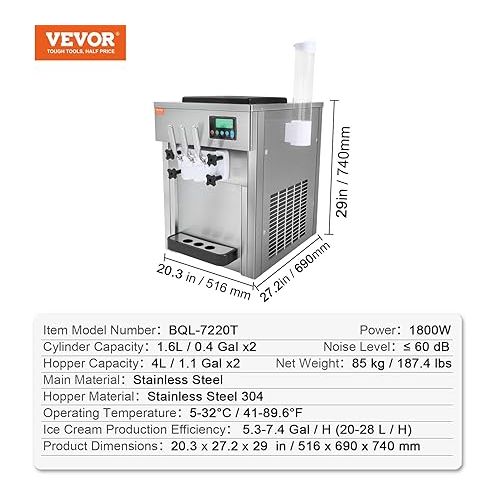  VEVOR Commercial Ice Cream Machine, 21 QT/H Yield, 1800W 3-Flavor Countertop Soft Serve Ice Cream Maker, 2 x 4L Hopper 2 x 1.8L Cylinder, LCD Panel Auto Clean Pre-cooling, for Restaurant Snack Bar