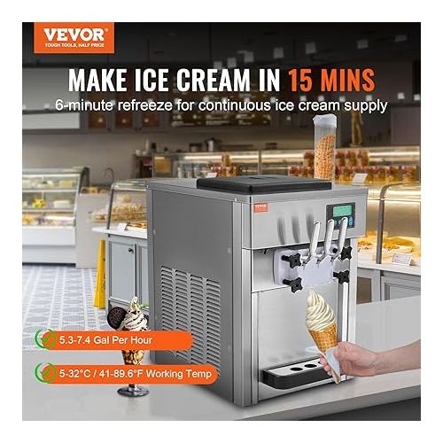  VEVOR Commercial Ice Cream Machine, 21 QT/H Yield, 1800W 3-Flavor Countertop Soft Serve Ice Cream Maker, 2 x 4L Hopper 2 x 1.8L Cylinder, LCD Panel Auto Clean Pre-cooling, for Restaurant Snack Bar