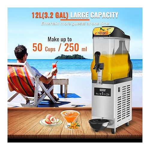  VEVOR Commercial Slushy Machine, 12L/3.2Gal Stainless Steel Margarita Smoothie Frozen Drink Maker, 50 Cup Slushie Maker, 500W Alcohol Slushie Machine for Home Party Restaurants Cafe Bars Use