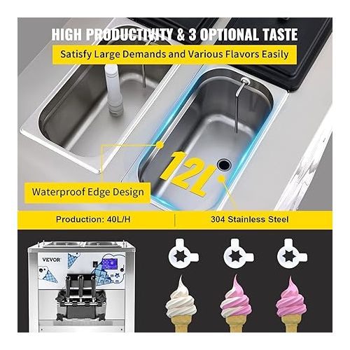  VEVOR Commercial Ice Cream Machine with Two 12L Hoppers Soft Serve Machine with 3 Flavors Commercial Ice Cream Maker 2500W Compressor Soft Ice Cream Machine with LCD Panel for Restaurants Snack Bar