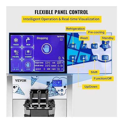  VEVOR Commercial Ice Cream Machine with Two 12L Hoppers Soft Serve Machine with 3 Flavors Commercial Ice Cream Maker 2500W Compressor Soft Ice Cream Machine with LCD Panel for Restaurants Snack Bar