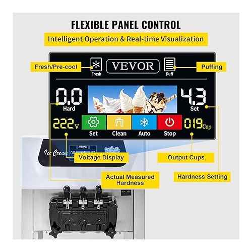  VEVOR Commercial Soft Ice Cream Machine, 3 Flavors Ice Cream Machine w/Pre-Cooling, 5.3-7.4 Gal/H Gelato Machine Commercial, 2200W Countertop Commercial Yogurt Maker Machine, w/LCD Intelligent Panel