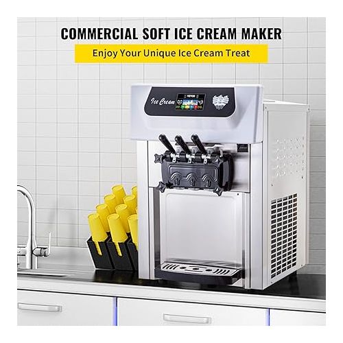  VEVOR Commercial Soft Ice Cream Machine, 3 Flavors Ice Cream Machine w/Pre-Cooling, 5.3-7.4 Gal/H Gelato Machine Commercial, 2200W Countertop Commercial Yogurt Maker Machine, w/LCD Intelligent Panel