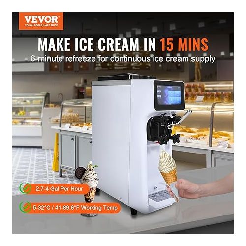  VEVOR Commercial Ice Cream Machine, 10.6 QT/H Yield, 1000W Single Flavor Countertop Soft Serve Ice Cream Maker, 4L Hopper 1.6L Cylinder, Touch Screen Auto Clean Pre-cooling, for Restaurant Snack Bar