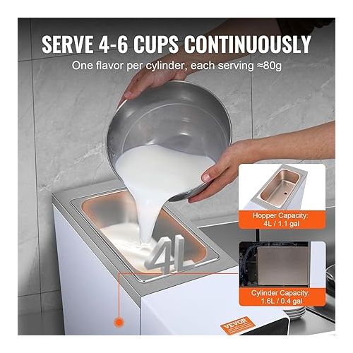  VEVOR Commercial Ice Cream Machine, 10.6 QT/H Yield, 1000W Single Flavor Countertop Soft Serve Ice Cream Maker, 4L Hopper 1.6L Cylinder, Touch Screen Auto Clean Pre-cooling, for Restaurant Snack Bar