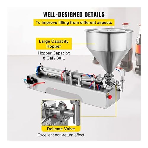  VEVOR Pneumatic Liquid Paste Filling Machine 50-500ML Volume, Horizontal Cream Filling Machine with 30L Hopper, Pneumatic liquid Filling Machine for Water Oil Cream etc.