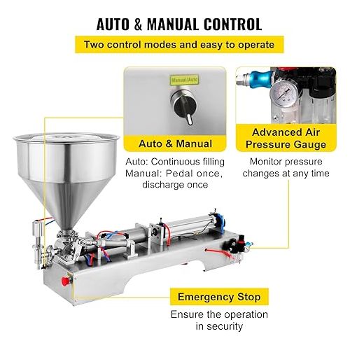  VEVOR Pneumatic Liquid Paste Filling Machine 50-500ML Volume, Horizontal Cream Filling Machine with 30L Hopper, Pneumatic liquid Filling Machine for Water Oil Cream etc.