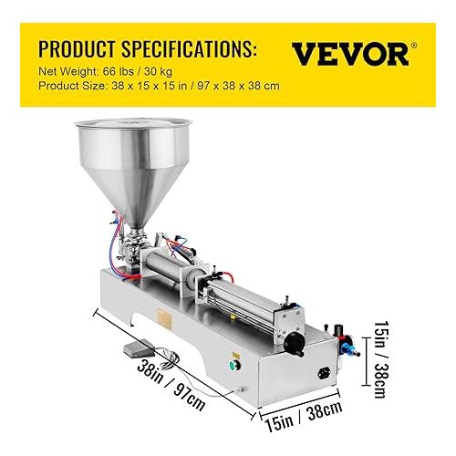  VEVOR Pneumatic Liquid Paste Filling Machine 50-500ML Volume, Horizontal Cream Filling Machine with 30L Hopper, Pneumatic liquid Filling Machine for Water Oil Cream etc.