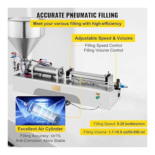  VEVOR Pneumatic Liquid Paste Filling Machine 50-500ML Volume, Horizontal Cream Filling Machine with 30L Hopper, Pneumatic liquid Filling Machine for Water Oil Cream etc.