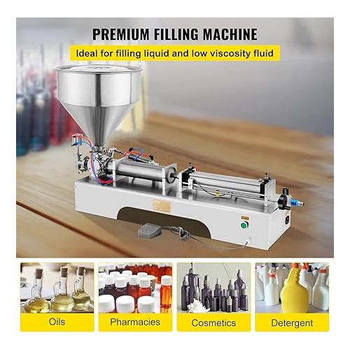  VEVOR Pneumatic Liquid Paste Filling Machine 50-500ML Volume, Horizontal Cream Filling Machine with 30L Hopper, Pneumatic liquid Filling Machine for Water Oil Cream etc.