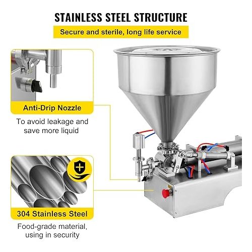  VEVOR Pneumatic Liquid Paste Filling Machine 50-500ML Volume, Horizontal Cream Filling Machine with 30L Hopper, Pneumatic liquid Filling Machine for Water Oil Cream etc.