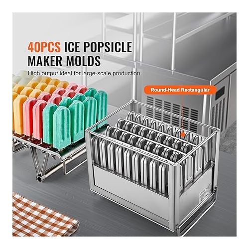  VEVOR Commercial Popsicle Molds, 40PCS Round-Head Ice Pop Molds with Double Slot, Stainless Steel Ice Lolly Popsicle Molds, Ice Cream Maker Mold Holder with 50PCS Popsicle Sticks & Bags