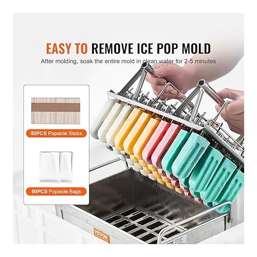  VEVOR Commercial Popsicle Molds, 40PCS Round-Head Ice Pop Molds with Double Slot, Stainless Steel Ice Lolly Popsicle Molds, Ice Cream Maker Mold Holder with 50PCS Popsicle Sticks & Bags