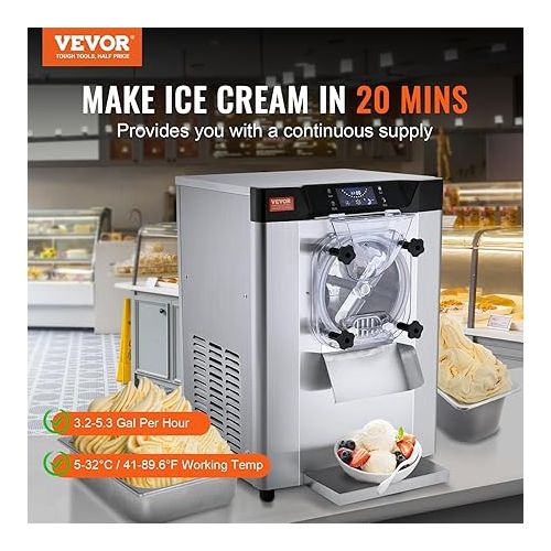  VEVOR Commercial Ice Cream Machine, 12 L/H Yield, 1713W Single Flavor Countertop Hard Serve Ice Cream Maker, 4.5L Stainless Steel Cylinder, LED Panel Auto Clean Pre-cooling, for Restaurant Snack Bars