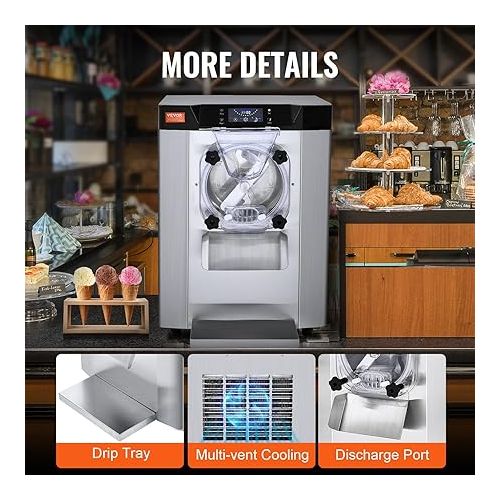  VEVOR Commercial Ice Cream Machine, 12 L/H Yield, 1713W Single Flavor Countertop Hard Serve Ice Cream Maker, 4.5L Stainless Steel Cylinder, LED Panel Auto Clean Pre-cooling, for Restaurant Snack Bars