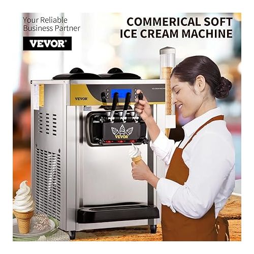  VEVOR Commercial Ice Cream Maker, 22-30L/H Yield, 2200W Countertop Soft Serve Machine w/ 2x6L Hopper 2L Cylinder LCD Panel Puffing Shortage Alarm, Frozen Yogurt Maker for Restaurant Snack Bar, Silver